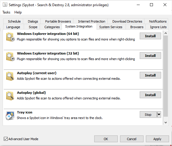 File Explorer is crashing on right click Windows 10-SpyBot Search & Destroy-Settings